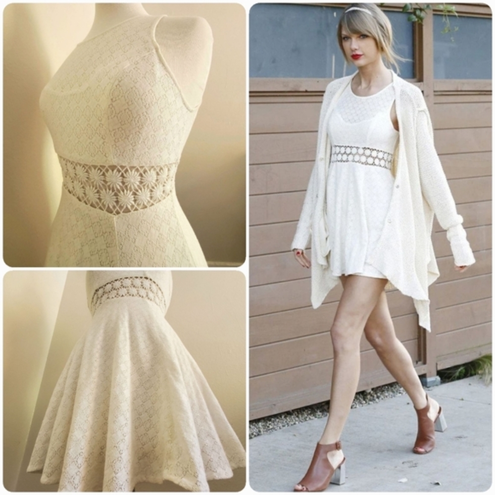 Free People mini dress floral ivory lace crochet daisy waist grad bridal small 0